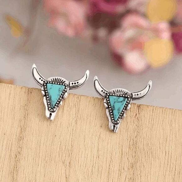 Western Cowboy Turquoise Longhorn Bull Steer Head Dangle Earrings - Picture 3 of 7